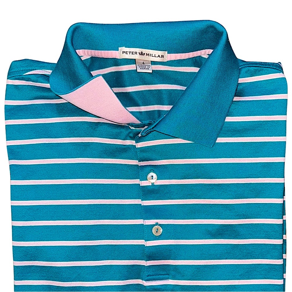 Peter Millar Crown Teal Pink Striped Polo w Contrast Collar